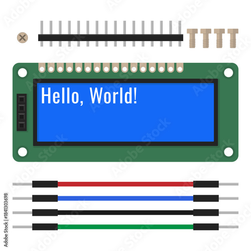 LCD screen with Hello World message. Electronics module kit with display and wiring components. Vector illustration for electronics tutorials, microcontroller projects, educational content