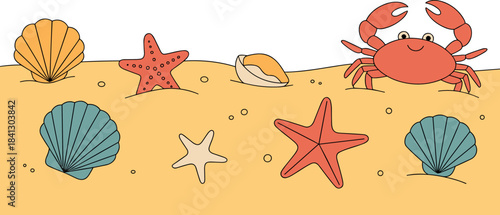 Cute cartoon crab and seashells on a sandy beach with bubbles starfish