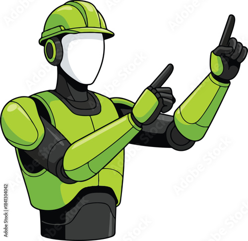 Green construction robot in a helmet points both hands upward. Ideal for construction, technology, robotics or ecofriendly concepts in design projects.