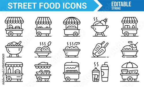 Minimal food stall and mobile vendor icon set for culinary and restaurant graphics