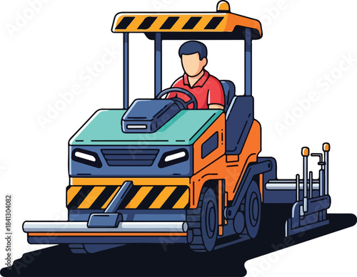 Ideal for construction, roadwork, and industrial themes. Vibrant paving machine with safety markings in black and yellow being operated by a man.