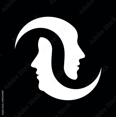 Two white human profile silhouettes facing each other in a circular yin yang shape face head