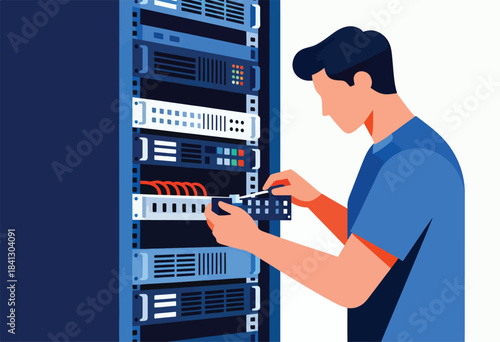 Technician connecting equipment to a server rack