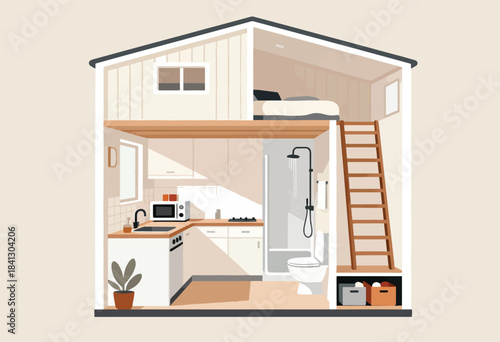 Cross-section of a compact, two-level dwelling with kitchen, bathroom, and loft bedroom