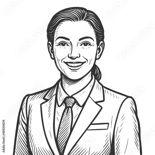 confident female sales manager in formal business attire, smiling and ready for client engagement sketch engraving generative ai fictional character vector illustration. Scratch board. Black and white