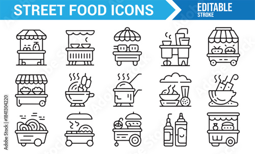 Editable stroke street food icons with carts, grills, bowls, and vendor elements