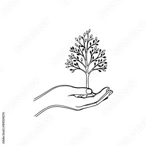 Hand nurturing a young tree, clean line art. symbolizes environmental care, new life, growth, nature, protection, sustainability. isolated on transparent background