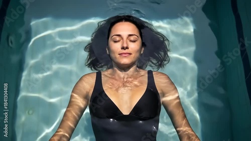 Woman floating on her back in a swimming pool, eyes closed, reflecting relaxation and meditation. Wellness and spa treatment concept.