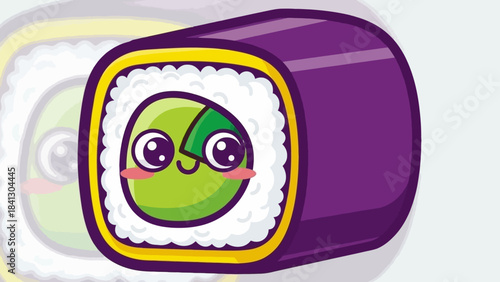 Cartoon sushi roll with a cute face and purple seaweed wrap.