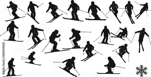 Collection of dynamic skier silhouettes demonstrating various downhill skiing poses, winter sports action, outdoor snow activities, athletic movement, and adventure illustrations