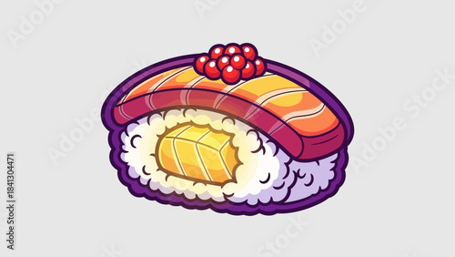 Illustration of a sushi roll with salmon, mango, rice, and roe on a light gray background.