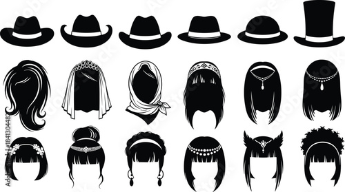 Collection of elegant hat and hairstyle silhouettes featuring various headwear, bridal styles, vintage accessories, fashionable hair designs, icons for creative projects.