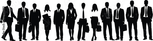 Business people silhouette, corporate team vector, formal attire illustration, professional group, black and white, minimal design, scalable, posture study