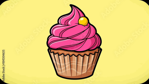 A cartoon cupcake with pink frosting and a yellow candy on top, set against a yellow background.