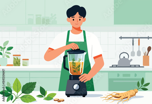 Person in kitchen preparing a blended herbal drink with ginseng root and fresh herbs