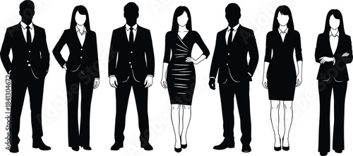 Business silhouette illustration, formal attire, professional team, corporate diversity, standing pose, black vector, office staff, leadership, unity, workplace
