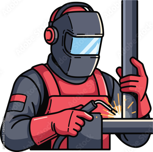 Welder in a mask sparks pipes, working on industrial project. Perfect for showcasing skilled labor and industrial work environments.