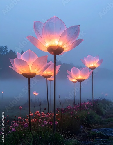 Illuminated flower sculptures in a foggy field create an ethereal scene with pink hues and soft light