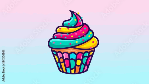 Colorful cartoon cupcake with frosting and sprinkles on a light blue background.