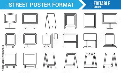Minimal outdoor advertising icon set with signage boards and promotional displays