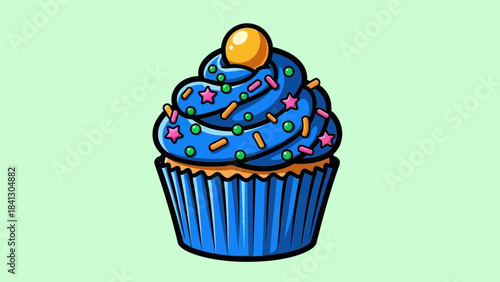 Illustration of a cupcake with blue frosting, sprinkles, and a yellow candy on top.