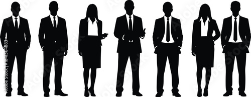 Business silhouette illustration, professional attire vector, diverse people standing, corporate posture, black and white design, minimal style, teamwork, identity
