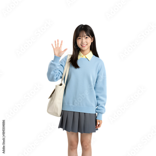 Young Asian student waving with shoulder bag