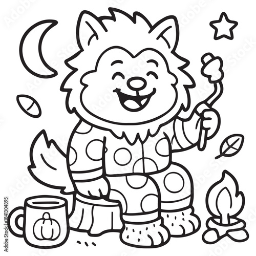 Cute Werewolf in Pajamas Roasting Marshmallows Coloring Page