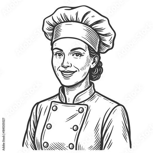 smiling female chef in hat, symbolizing culinary expertise sketch engraving generative ai vector illustration. Scratch board imitation. Black and white image.