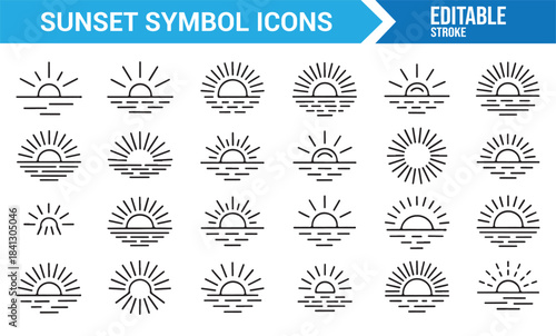 Professional line-art sunset icons for weather, nature, and scenery design