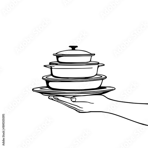 Hand holding stack of cookware illustration for culinary arts and kitchen design projects with detailed line work and style 100