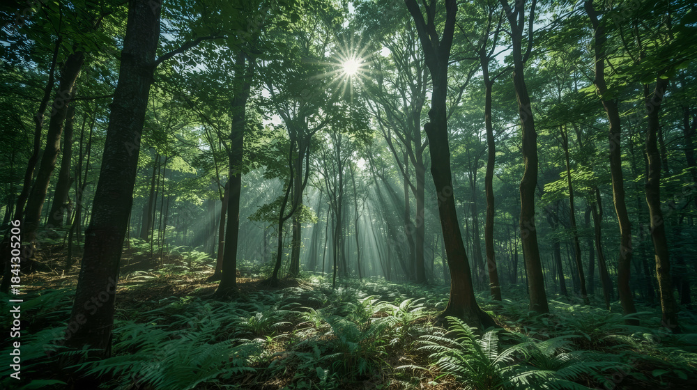 Fototapeta premium A lush, green forest, with sunlight filters through its dense canopy