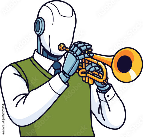 Robot playing trumpet in vest, gold trumpet shines. Suitable for musicrelated projects, technology, futuristic themes, and jazzrelated designs.