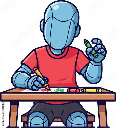 Robot drawing on paper with crayons, perfect for education, creativity, technology, and aithemed designs. Suitable for kids projects and futuristic concepts.