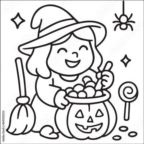 Cute Little Witch Cooking Potion Coloring Page
