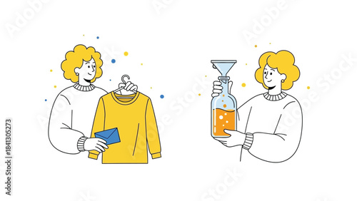 Vector illustration of Illustration of people holding a sweater and a bottle with a funnel representing online shopping and DIY projects flat design style