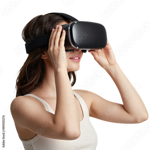 Young woman adjusting a VR headset on her face