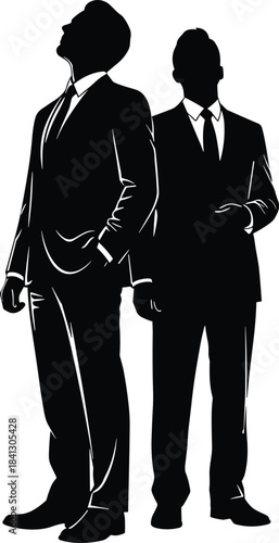 Business silhouette, formal attire, suit and tie, professional posture, leadership stance, corporate identity, minimal vector art, confident male figures