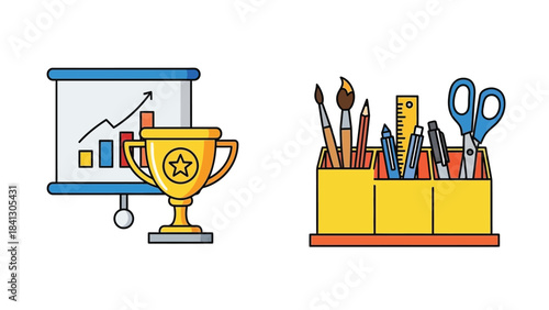 Vector illustration of Trophy and presentation board with growth chart alongside a desk organizer filled with art and writing supplies representing success and crea