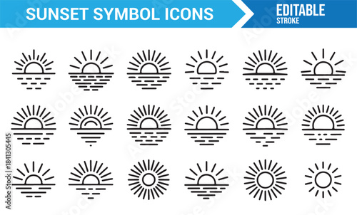 Thin-line sun horizon illustrations with rays and ocean elements