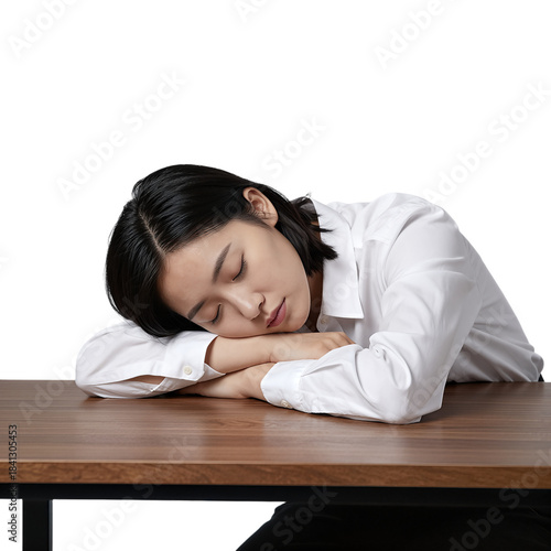 Young woman sleeping peacefully on a wooden desk