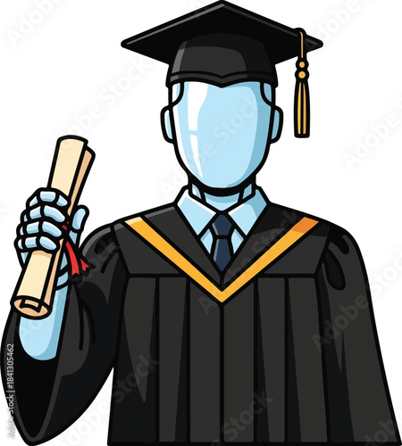 Graduate robot in academic dress with rolled diploma suitable for educational and futuristic design projects, technology concepts, and graduation themes.