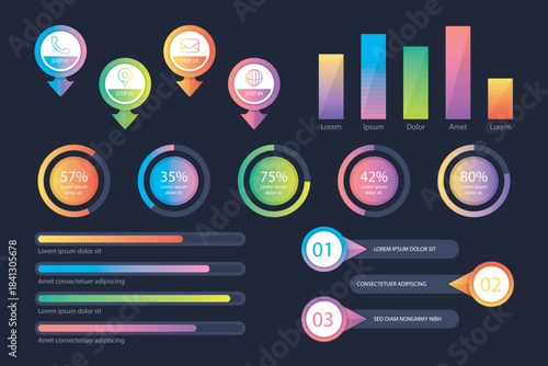 Set of infographic elements and charts with colorful gradients on dark background.
Collection of colorful infographic elements and progress bars with gradients.