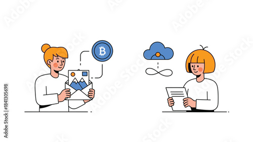 Vector illustration of Two people exchanging digital assets one holding an envelope with cryptocurrency and image the other reading a document with cloud and infini