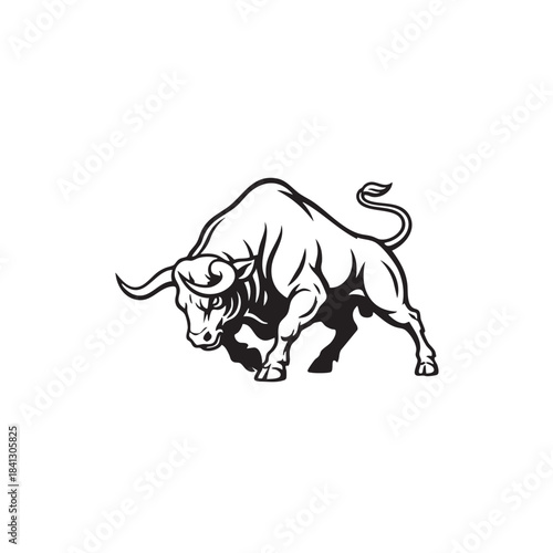 Bull vector illustration. Black and white angry cattle animal outline. Aggressive ox mascot logo isolated on white background. Strong livestock symbol.