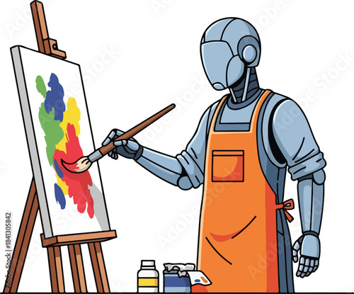 Robot painter creating abstract art with colorful paint. Suitable for technology, art, innovation, and creativity concepts in design projects.