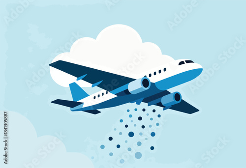 Blue and white jet plane flying through clouds, dropping circular shapes