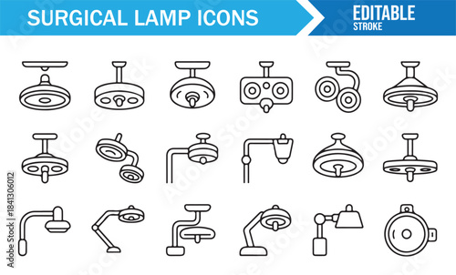 Thin-line hospital lamp icons showing OR lights, ceiling fixtures, and illumination tools