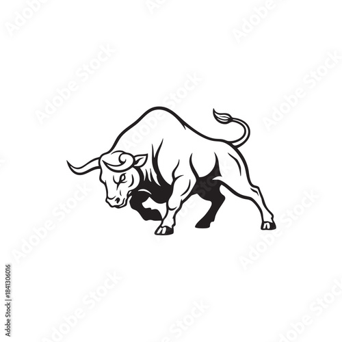 Bull vector illustration. Black and white angry cattle animal outline. Aggressive ox mascot logo isolated on white background. Strong livestock symbol.