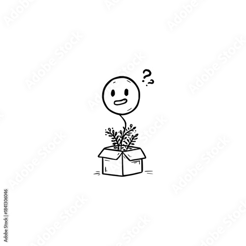 Confused plant in a box with a questioning face wonders what its purpose is in the world today